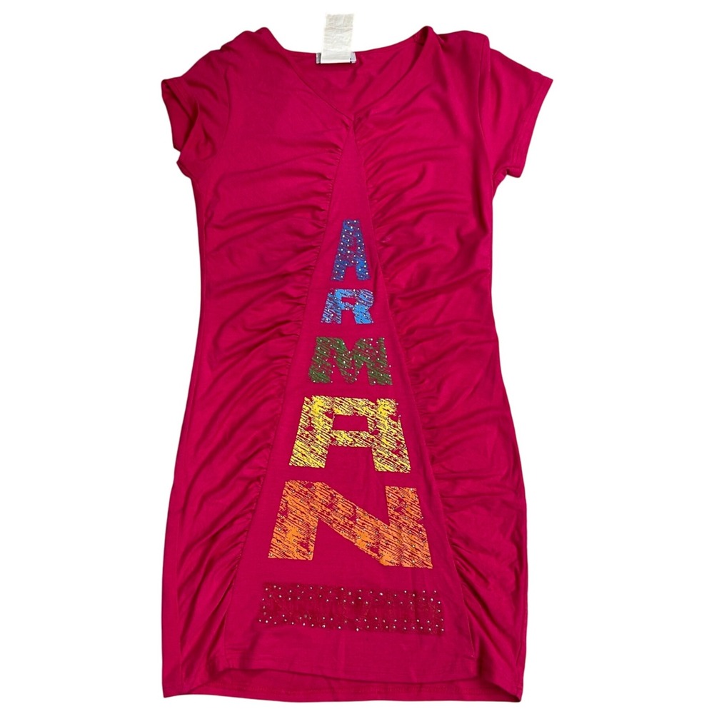 Armani Exchange Dress Womens Pink‎ Short Sleeve Ruched Logo Embellished Y2K sz6